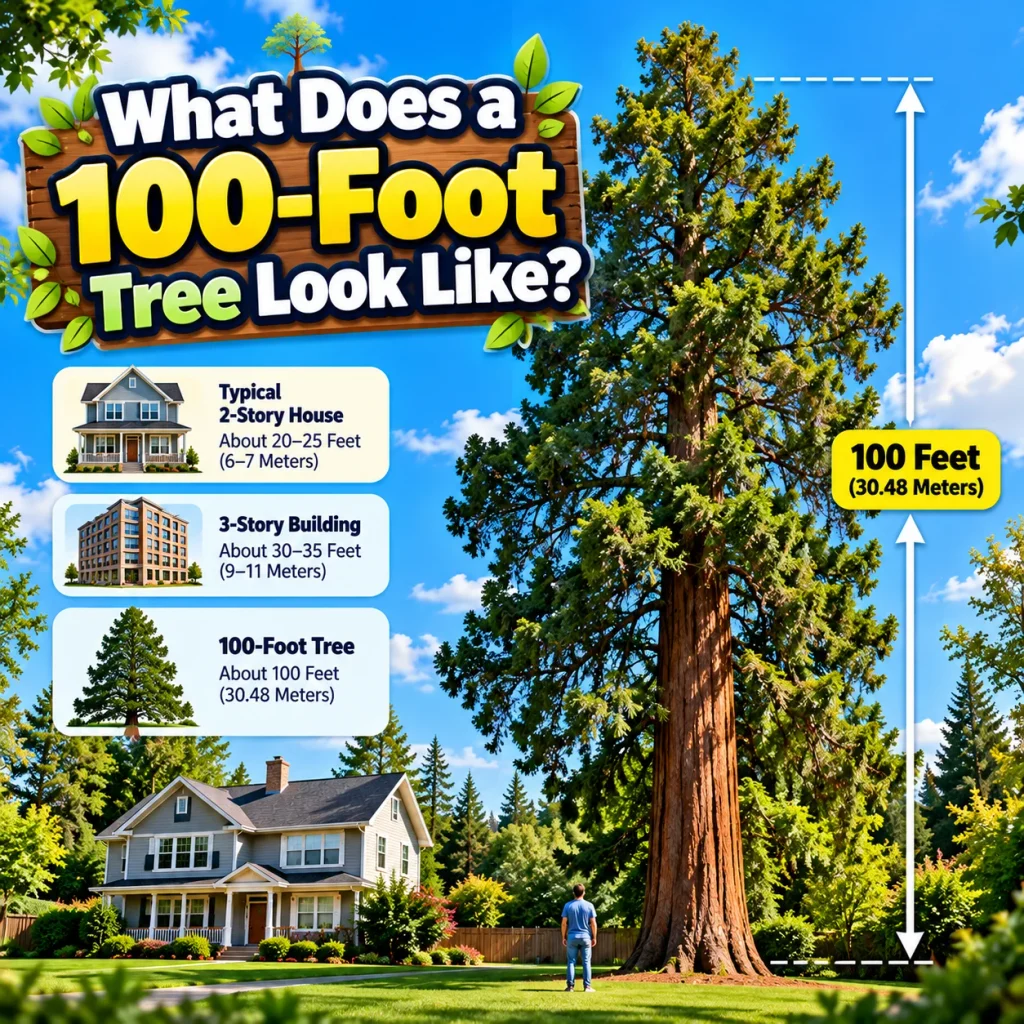 What does a 100-foot tree look like, showing a tall tree compared with a house and person for scale