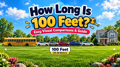 How long is 100 feet? Visual comparison showing a 100-foot distance with cars, a school bus, and a house, equal to 30.48 meters.