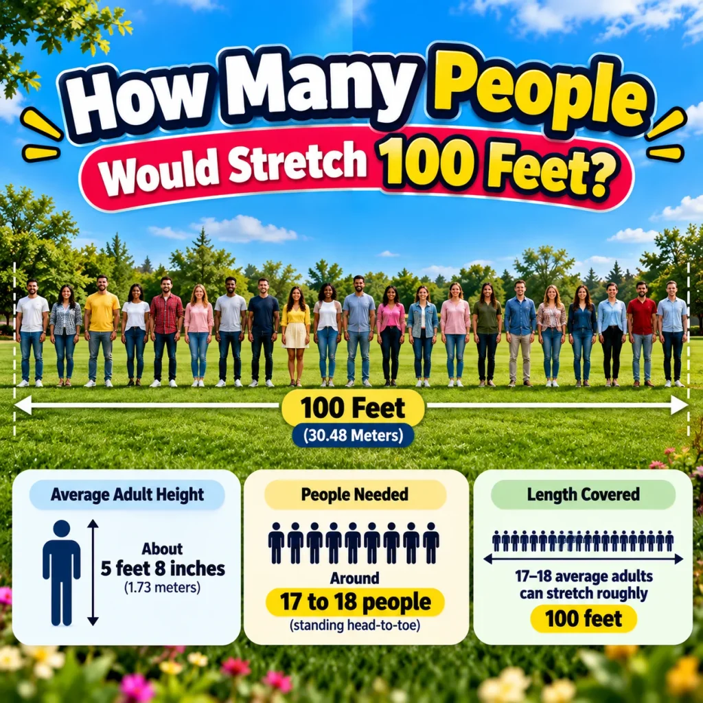 How many people would stretch 100 feet, showing about 17 to 18 adults standing head-to-toe across the distance
